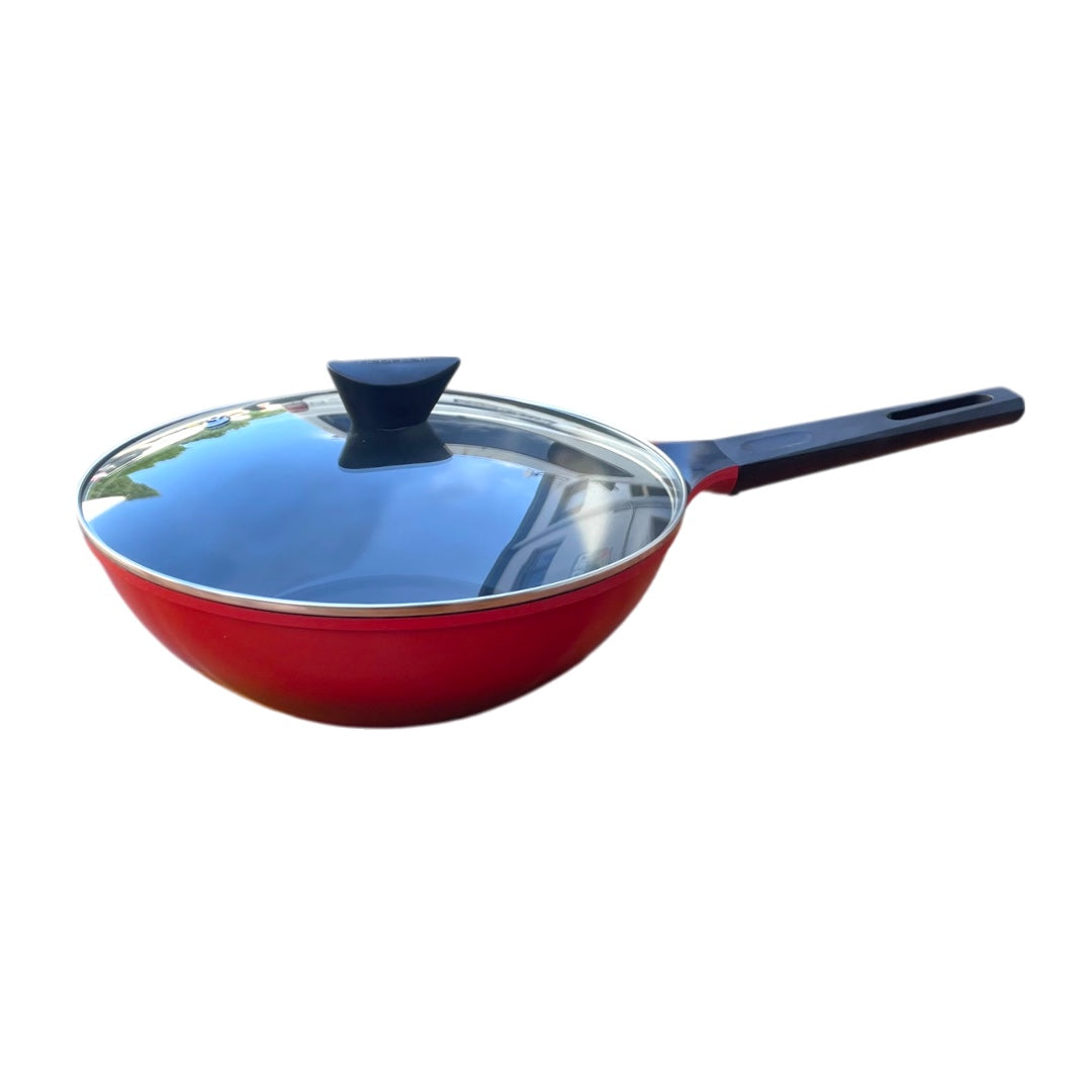Neoflam Amie 30cm Induction Cookware Wok Pan Red with glass lid