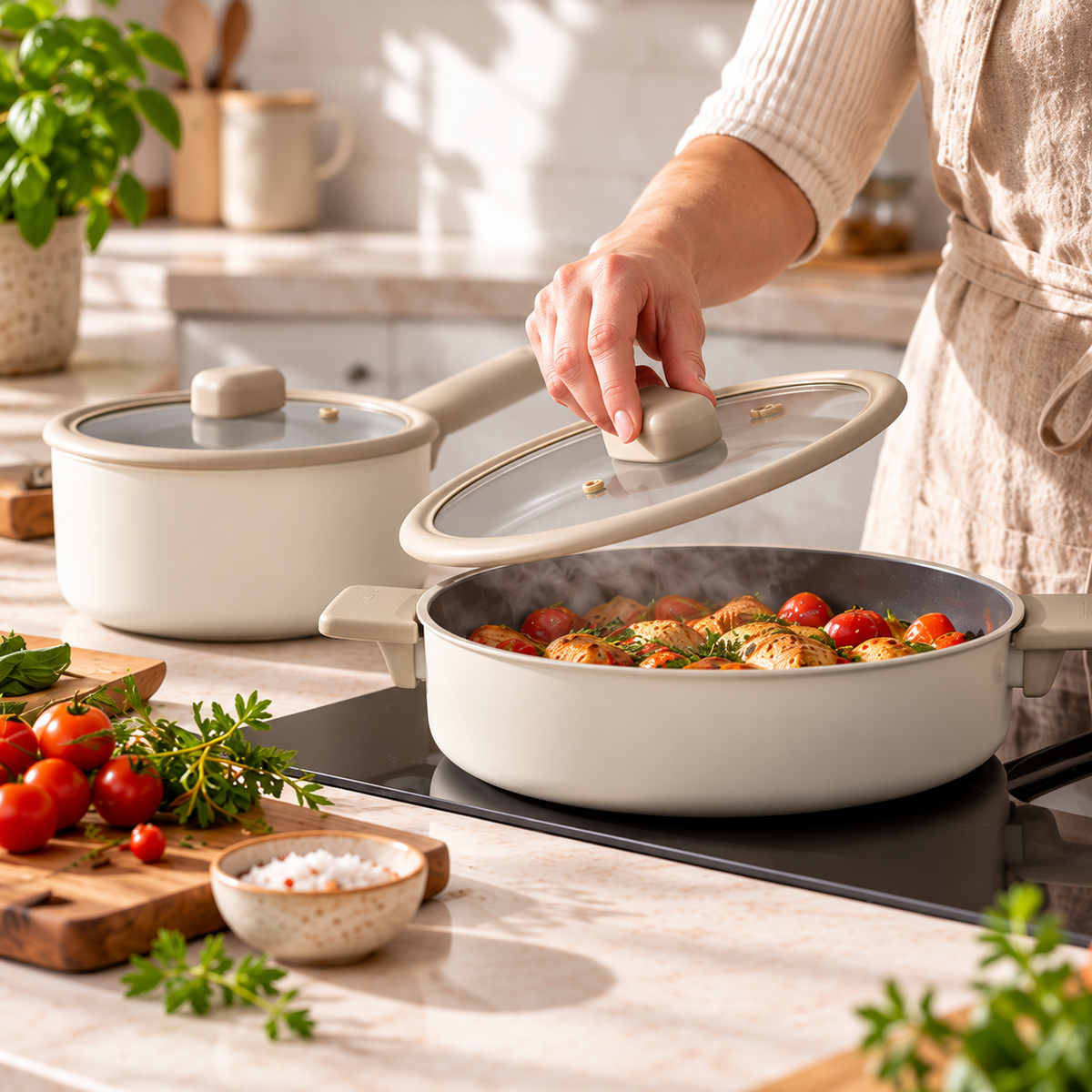 A person in a beige apron is lifting the glass lid of a light beige Neoflam nonstick toxin-free pan on a black stovetop, with another matching pan in the background. The kitchen scene includes fresh tomatoes, herbs, a cutting board, and a small bowl on a light stone countertop.