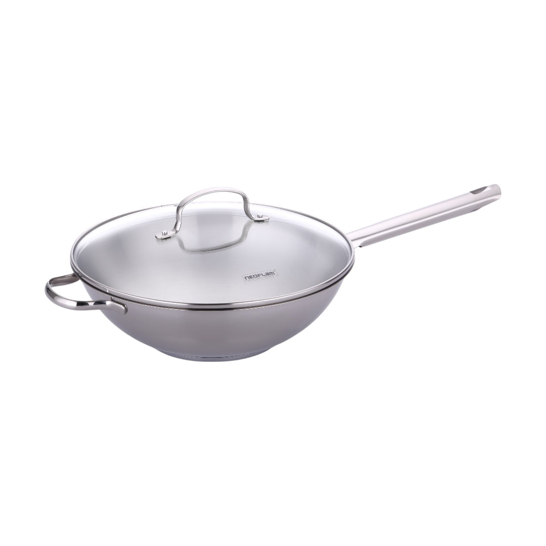 Neoflam Stainless Steel 30cm Wok pan with Glass lid