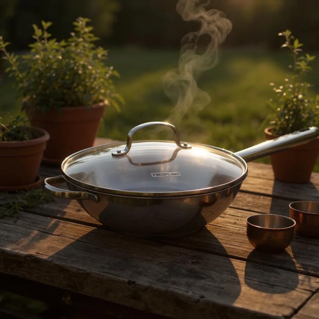 Neoflam Stainless Steel 30cm Wok pan with Glass lid