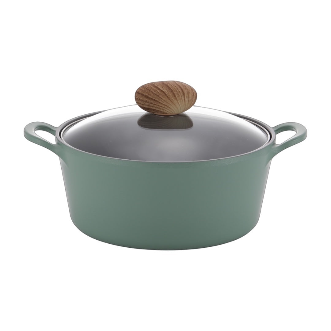Neoflam Retro 22cm stockpot in demer green with glass lid and wood-effect knob. Ecolon non-stick coating.
