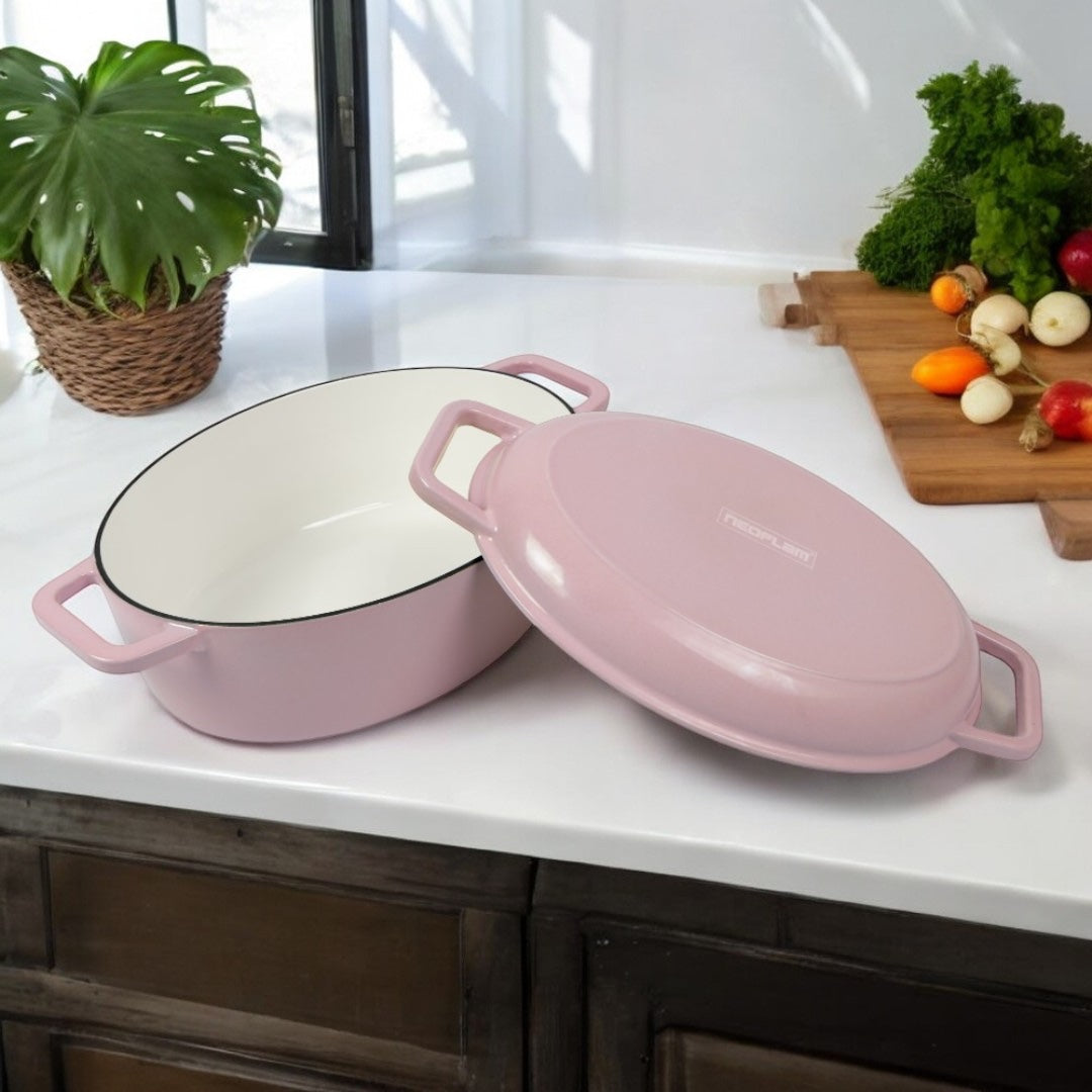 Neoflam Cast Iron Oval with Roaster lid 2pcs set 6.2L Pink
