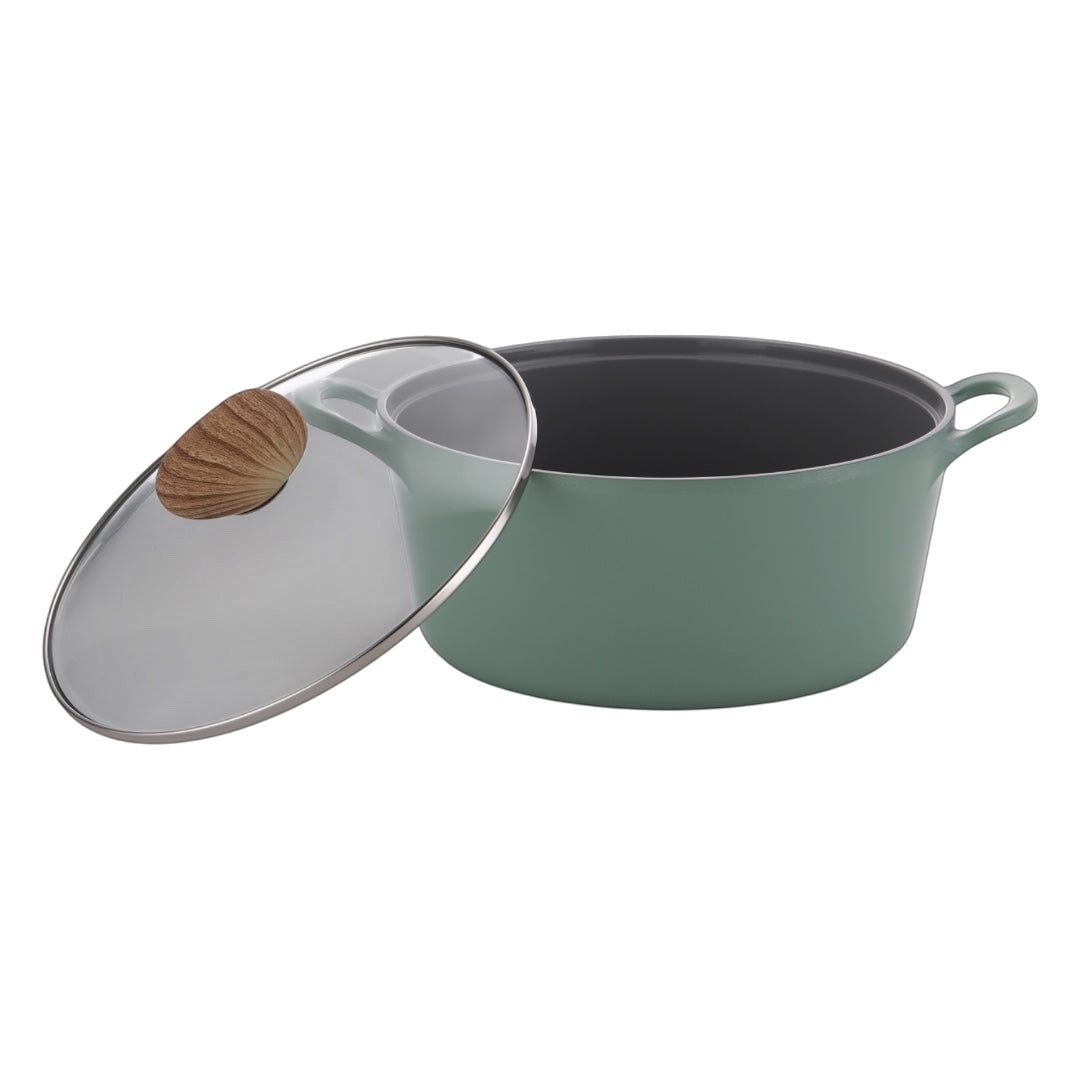 Neoflam Retro 22cm stockpot in demer green with glass lid featuring a wooden knob and induction base.
