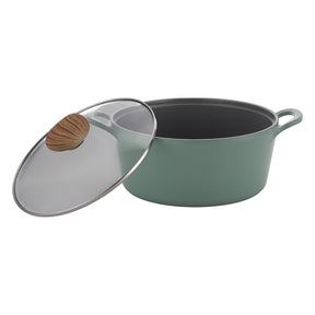 Neoflam Retro 22cm stockpot in demer green with glass lid featuring a wooden knob and induction base.