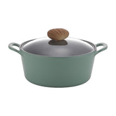 Neoflam Retro 22cm stockpot in demer green with glass lid and wood-effect knob. Ecolon non-stick coating.