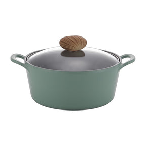 Neoflam Retro 22cm stockpot in demer green with glass lid and wood-effect knob. Ecolon non-stick coating.