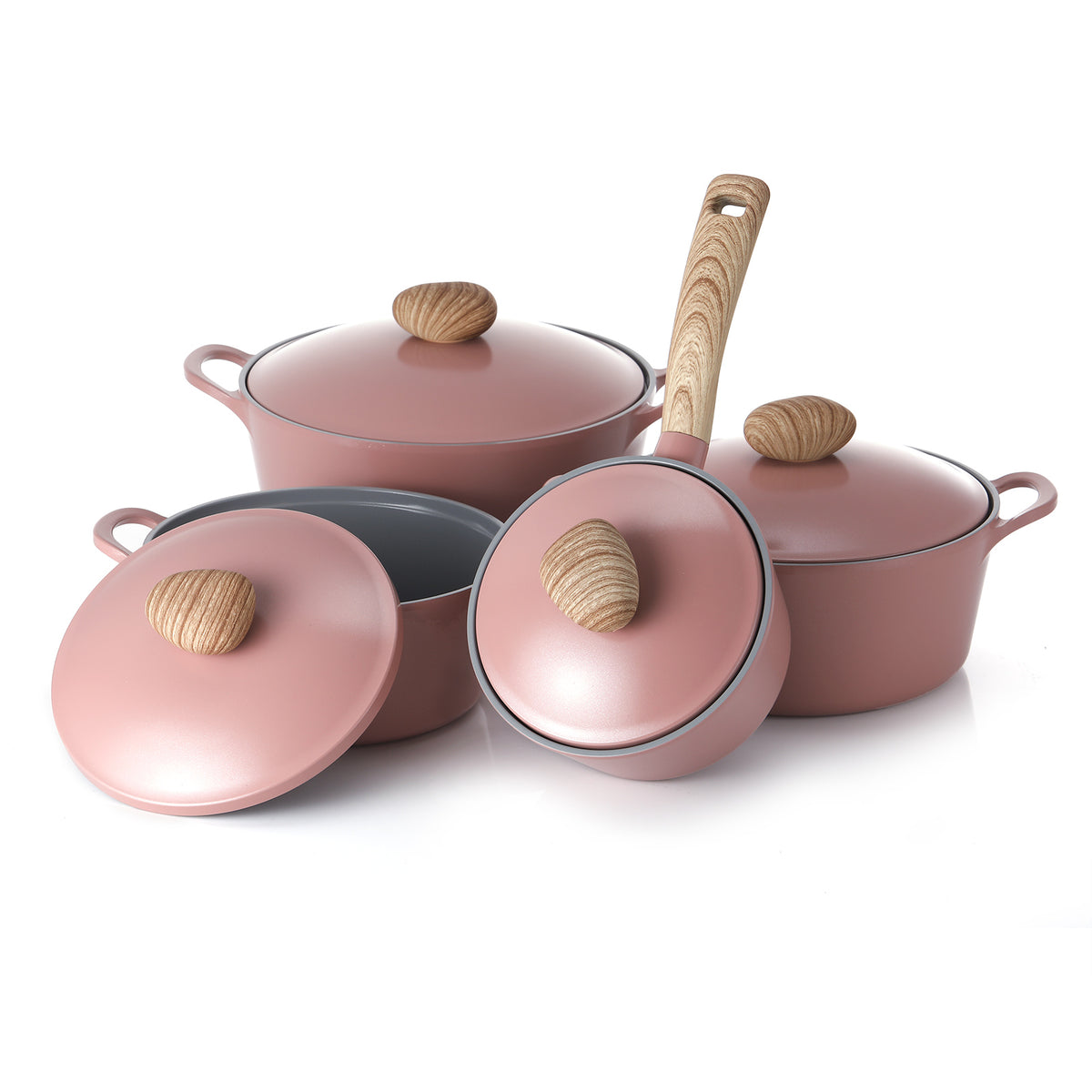 Neoflam Retro 4 Piece Set 18cm Saucepan, 22cm,  26cm Casserole & 26cm Low casserole Induction Pink Demer