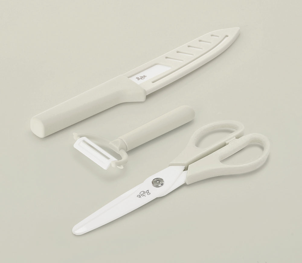 Neoflam Bebe 3pcs kitchen tools set Ceramic knife, Peeler, Scissors White