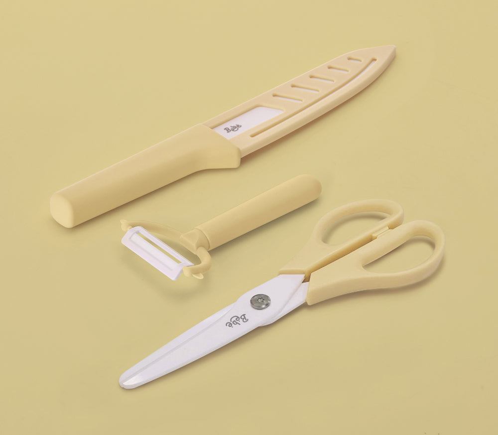 Neoflam Bebe 3pcs kitchen tools set Ceramic knife, Peeler, Scissors Yellow