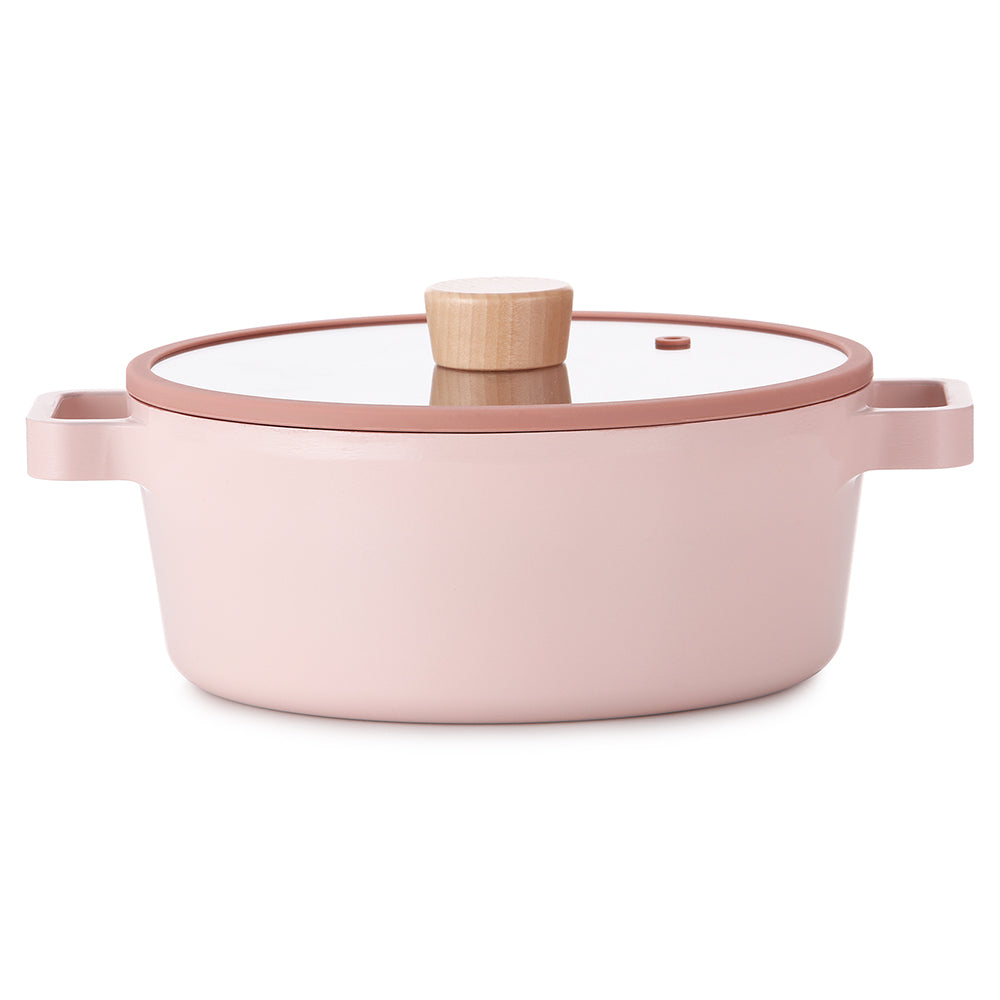 Neoflam Fika 22cm Stockpot Induction with Silicon Rim Glass Lid Pink