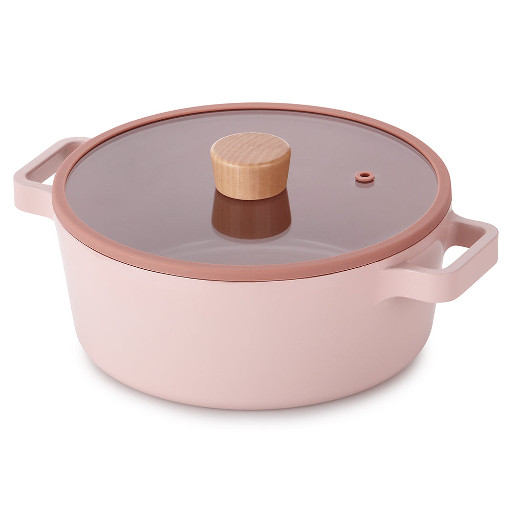 Neoflam Fika 22cm Stockpot Induction with Silicon Rim Glass Lid Pink