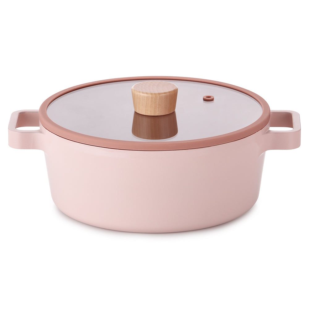 Neoflam Fika 22cm Stockpot Induction with Silicon Rim Glass Lid Pink