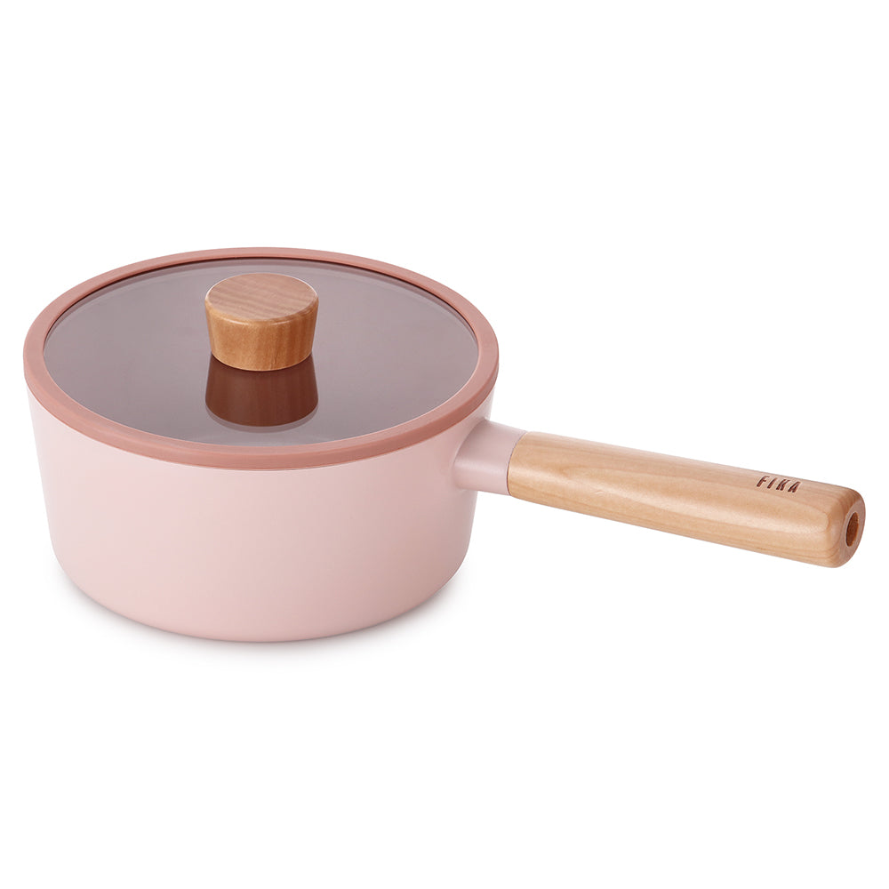 Neoflam Fika 18cm Saucepan Induction with Glass lid and silicon rim Pink