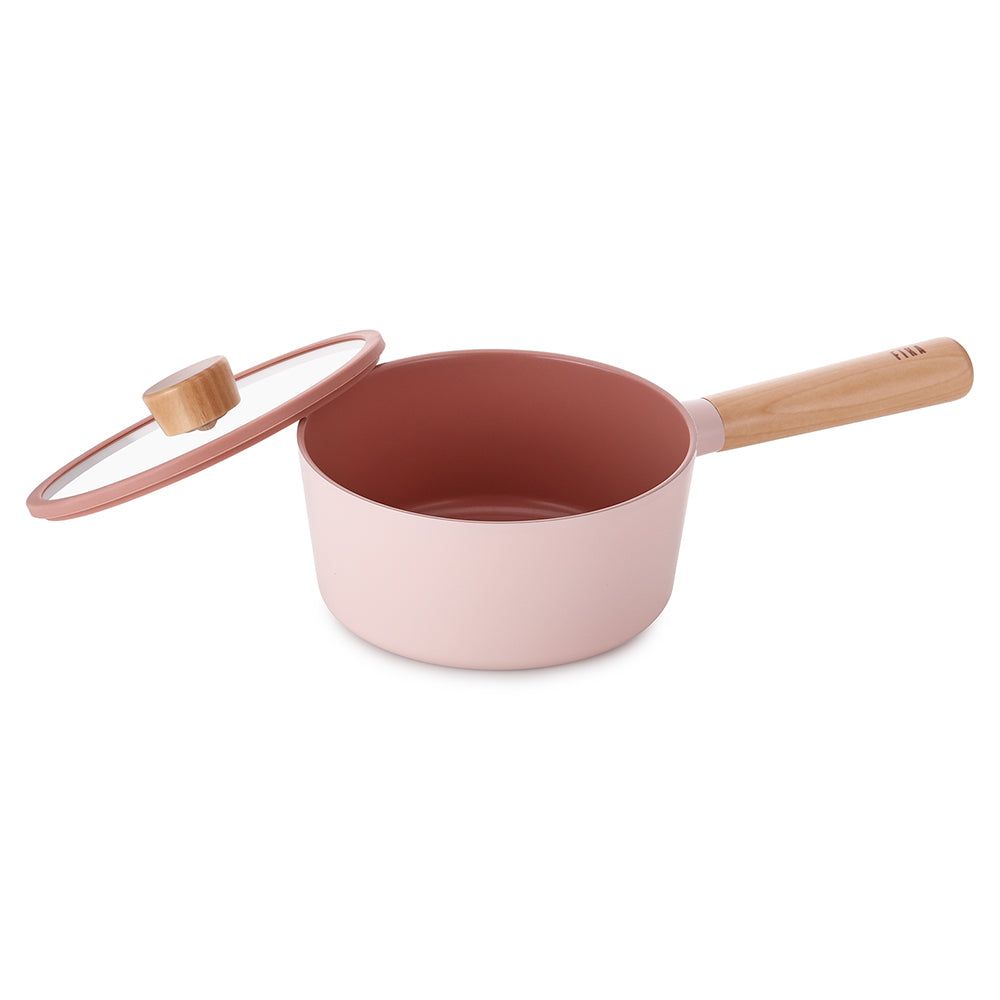 Neoflam Fika 18cm Saucepan Induction with Glass lid and silicon rim Pink