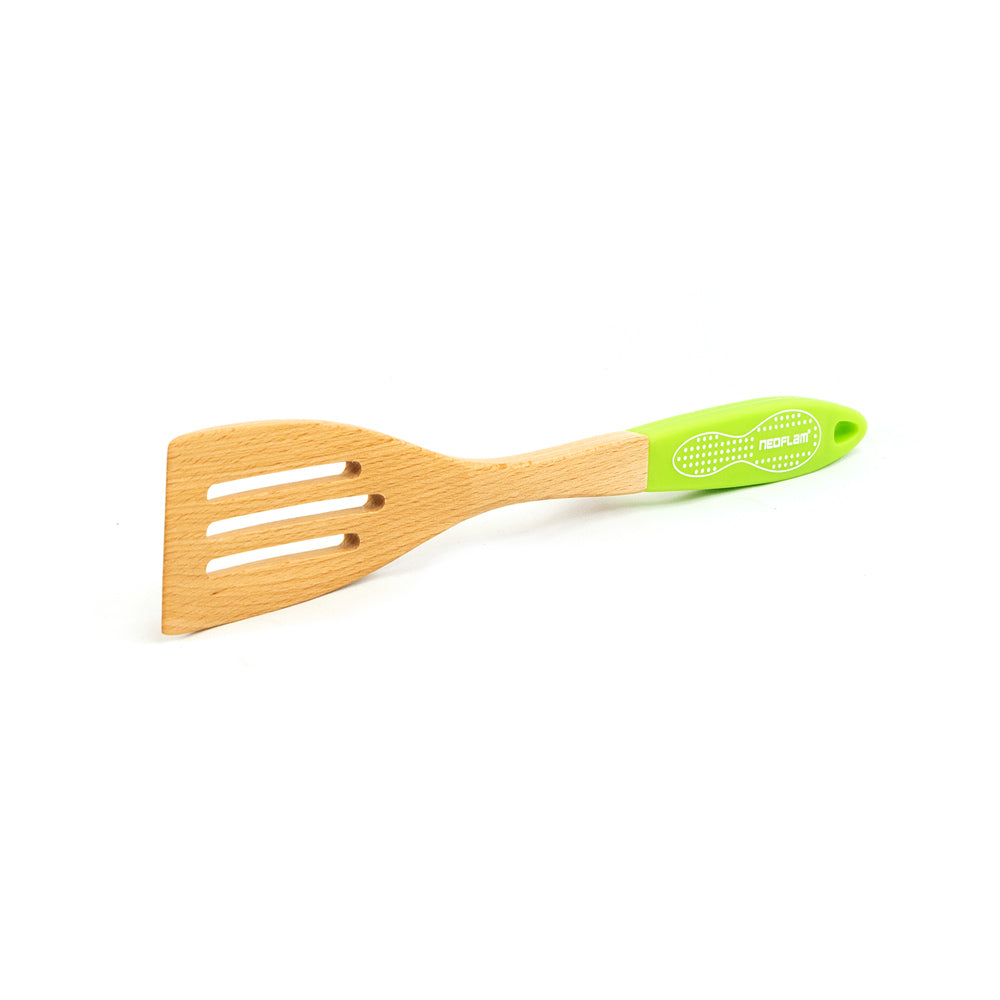 Neoflam Beechwood Slotted Turner with Green Silicon Handle