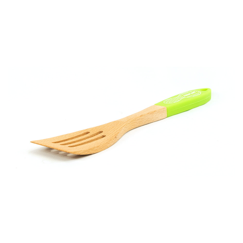 Neoflam Beechwood Slotted Turner with Green Silicon Handle