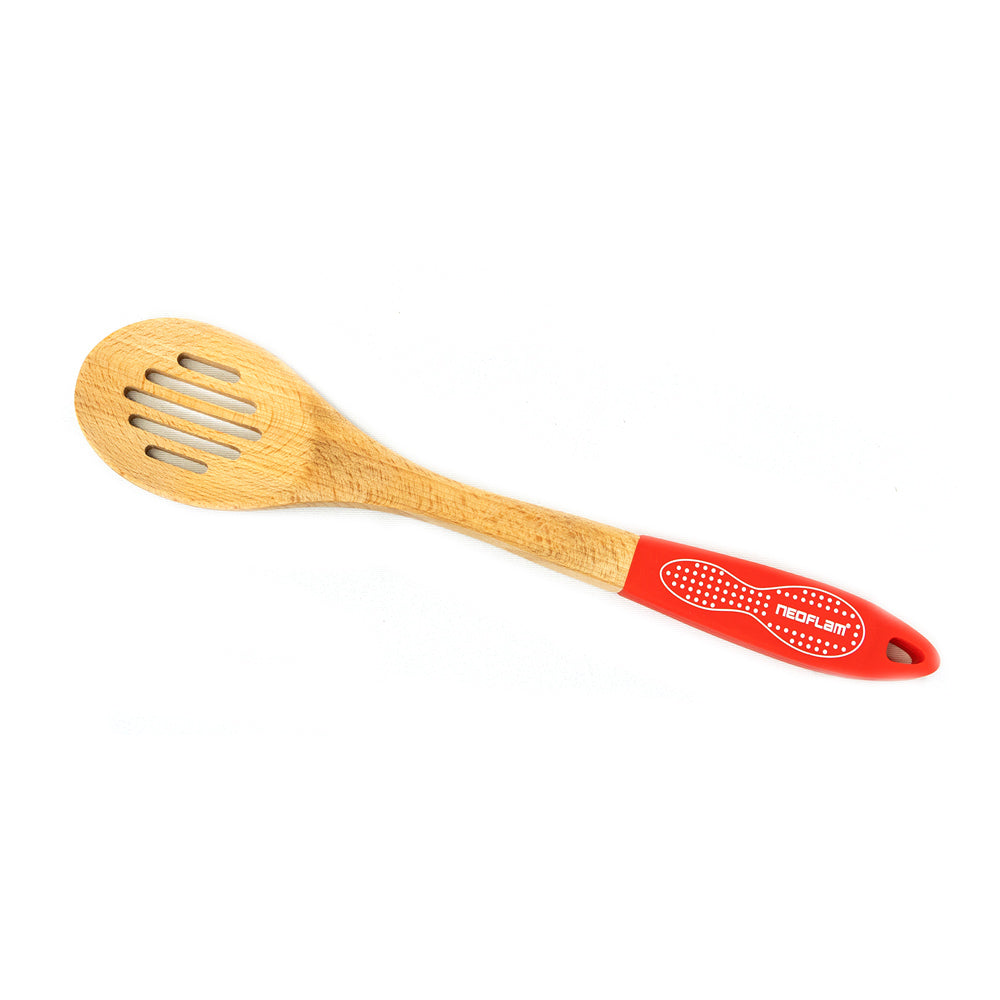 Neoflam Beechwood Slotted Spoon Red Silicon Handle