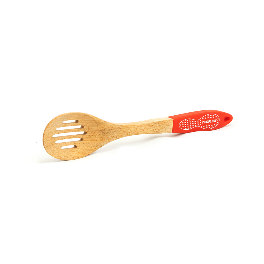 Neoflam Beechwood Slotted Spoon Red Silicon Handle