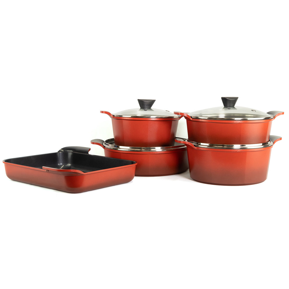 Neoflam Venn Red Induction set 5 Piece 24, 28cm Casserole, 28 ,32cm Low Casserole and Large Roaster