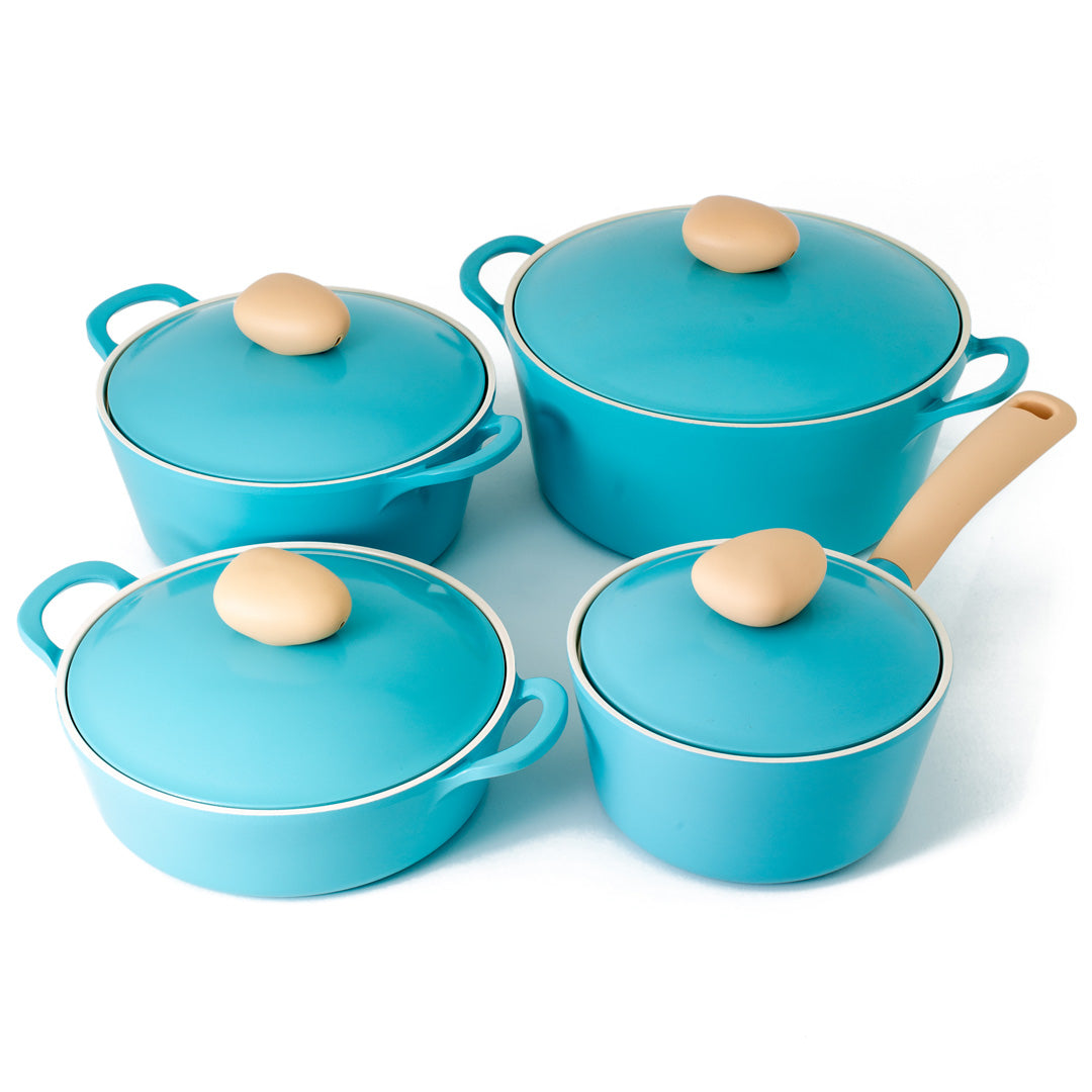 Neoflam Retro 4 Piece Set 18cm Saucepan 22cm Casserole 26cm Casserole & 26cm Low Casserole  Induction with Die-Cast Lid Mint